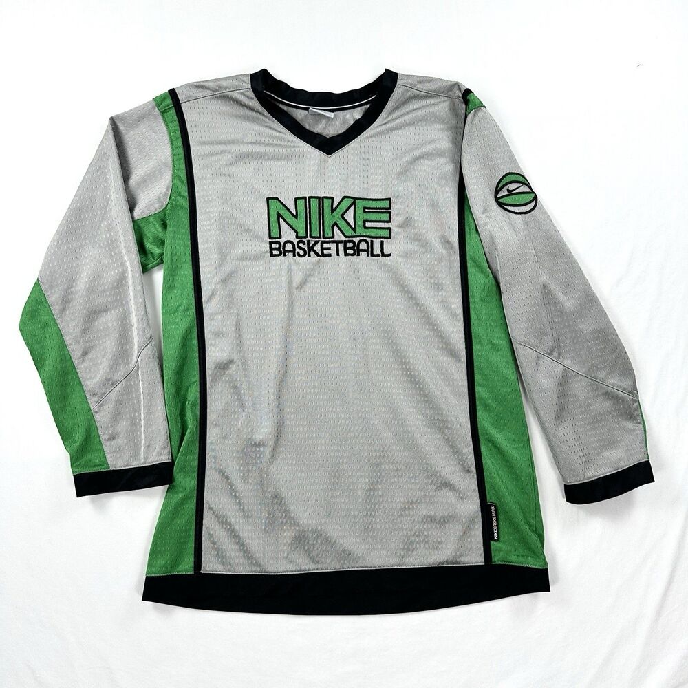 Nike Basketball Jersey Boys XL 18-20 Gray Green Long Sleeve Dri Fit Mesh